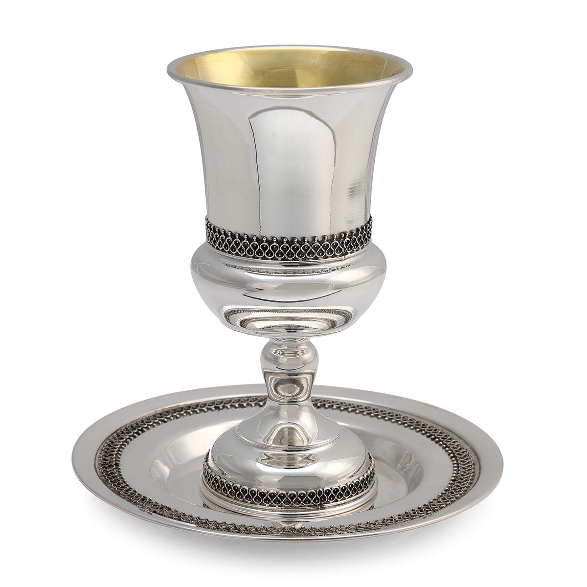 Handcrafted Stemmed Sterling Silver Kiddush Cup with Filigree Design - 1