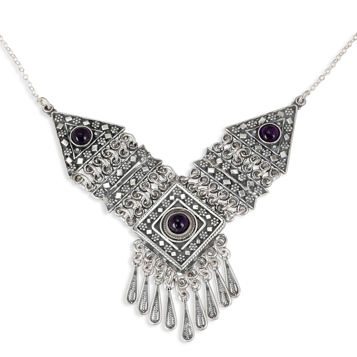 Traditional Yemenite Art Handcrafted Sterling Silver Necklace With Amethyst Stones - 1