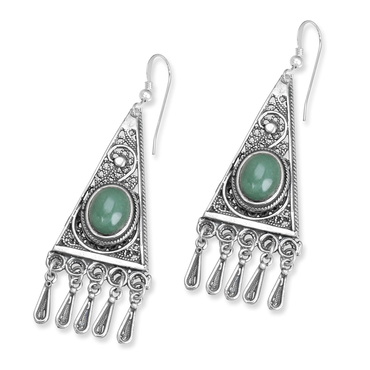 Traditional Yemenite Art Handcrafted Sterling Silver Filigree Triangle Earrings With Green Aventurine Stone - 1