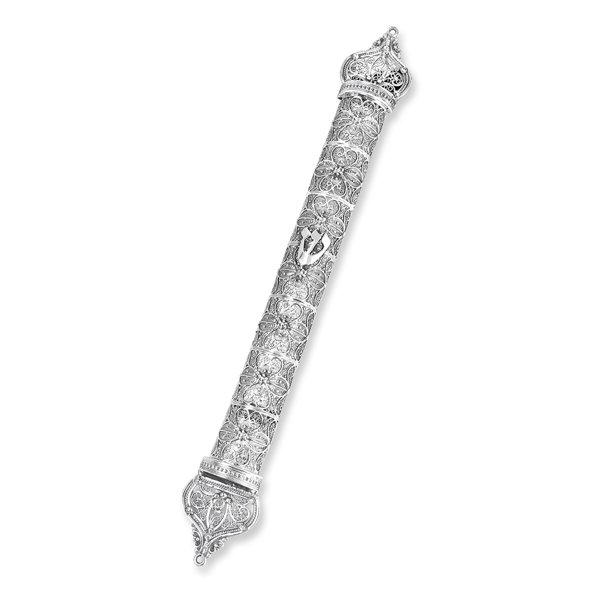 Traditional Yemenite Art Extra Large Handcrafted Sterling Silver Mezuzah Case With Ornate Floral Design - 1