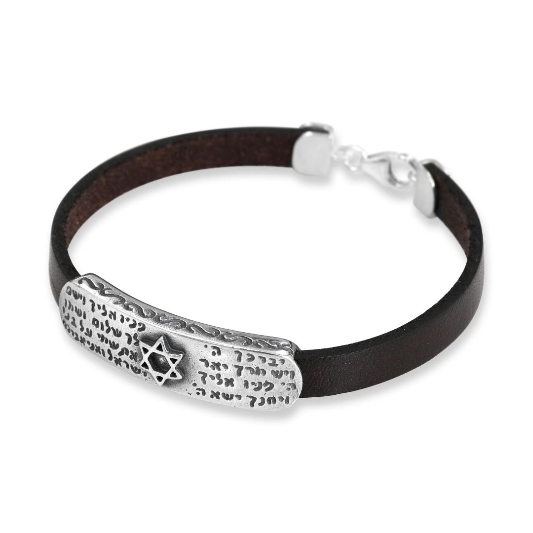 Sterling Silver Priestly Blessing & Star of David Bracelet on Leather Band - 1