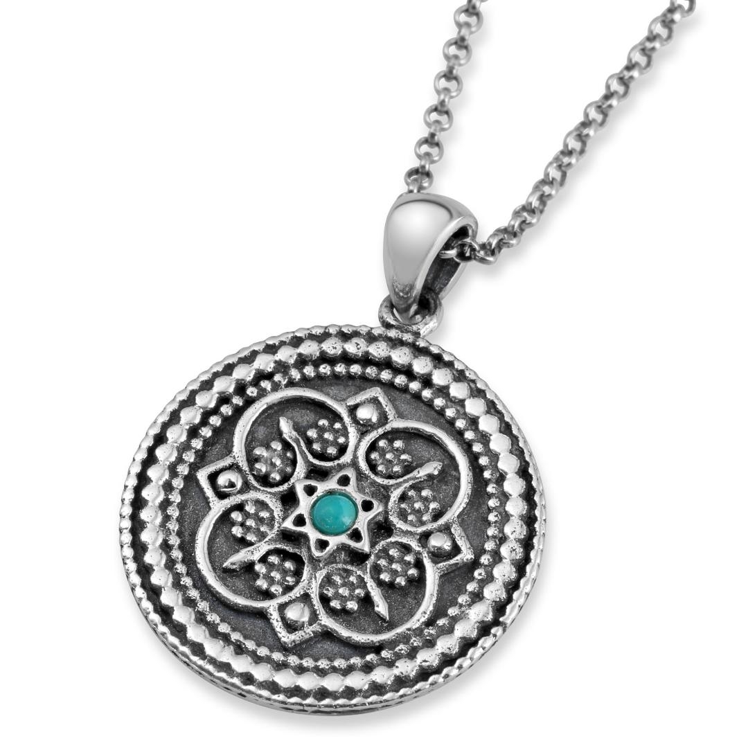 Sterling Silver Shema Yisrael Vintage Necklace with Star of David Necklace with Choice of Turquoise/Garnet Stone - 1