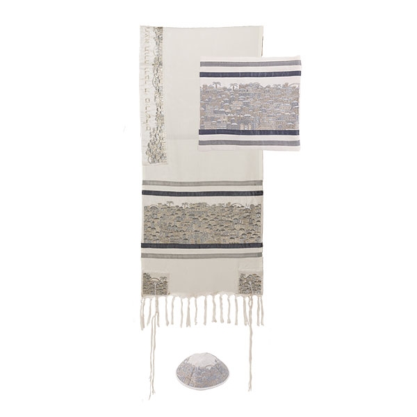 Yair Emanuel Embroidered Silver Jerusalem Tallit (Prayer Shawl) Set - 1