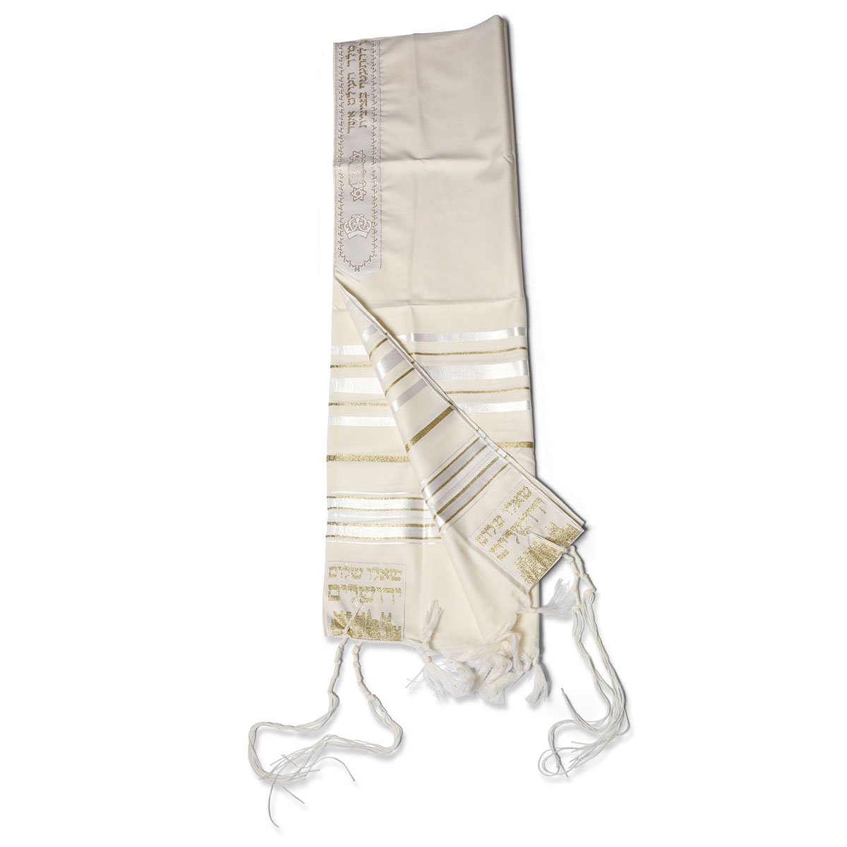 Talitnia Traditional Pure Wool Tallit - White with gold stripes - 1