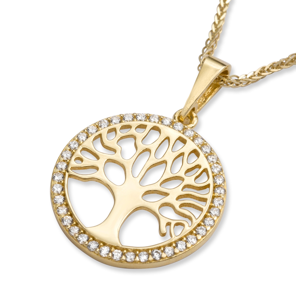14K Yellow Gold and Cubic Zirconia Round Tree of Life Pendant Necklace - 1