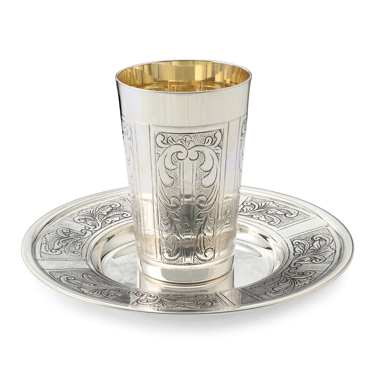Sterling Silver Plated Kiddush Cup Set with Damask Panels - 1