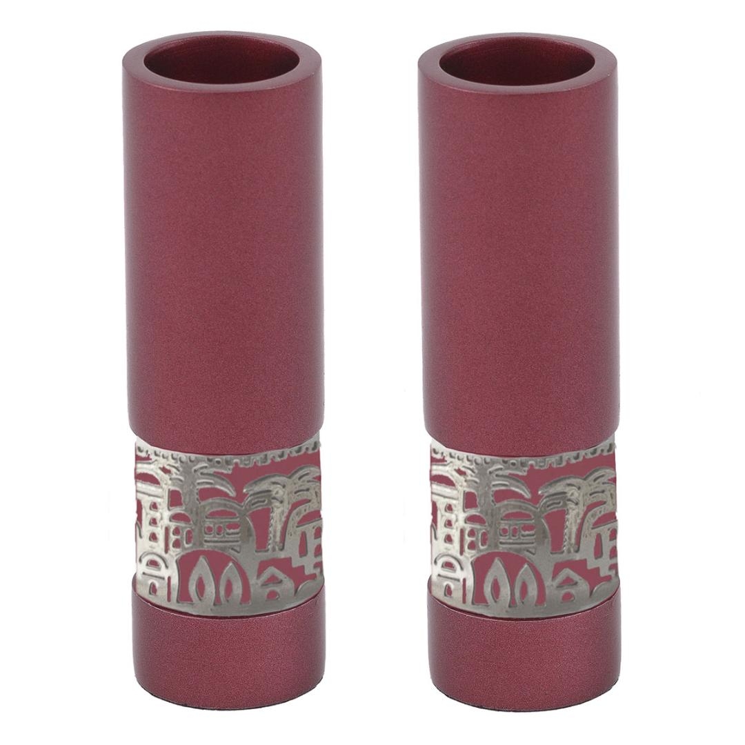 Yair Emanuel Anodized Aluminium Jerusalem Cylinder Candlesticks – Burgundy Red - 1
