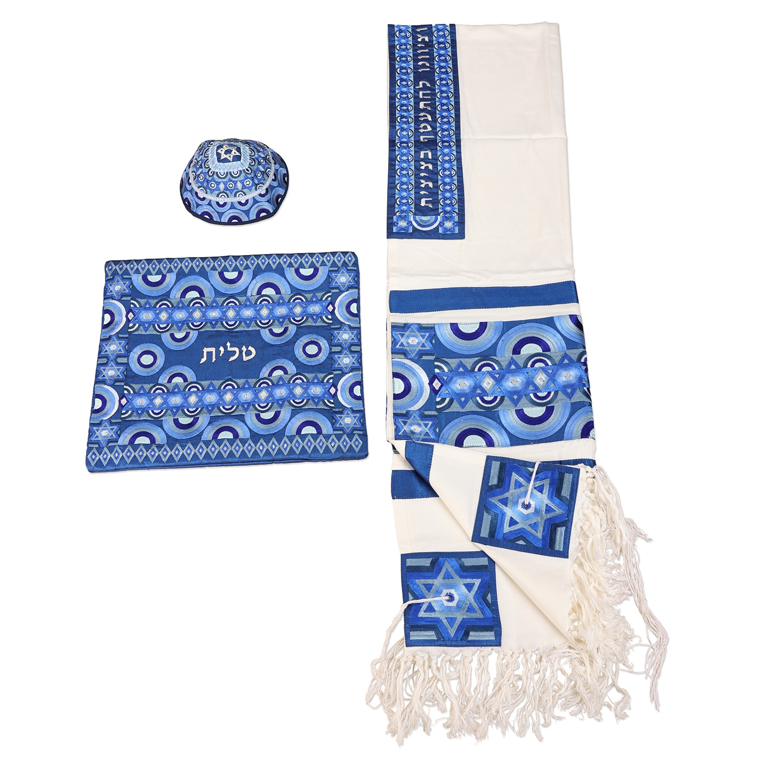 Yair Emanuel Blue Stars of David Embroidered Cotton & Raw Silk Tallit (Prayer Shawl) - 1