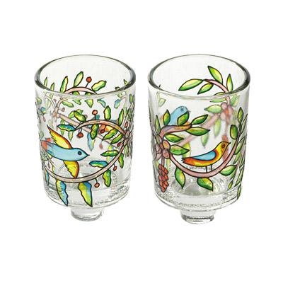 Yair Emanuel Colorful Birds Painted Glass Pair of Candle Holders - 1