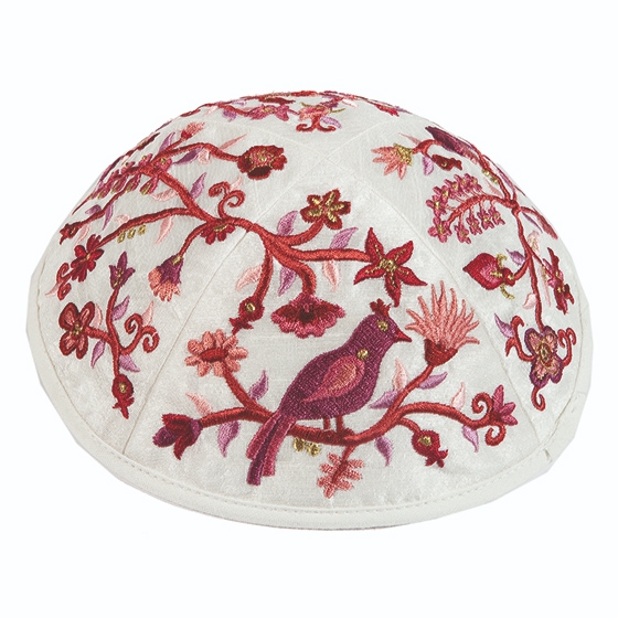 Yair Emanuel Embroidered Silk Kippah -Birds & Flowers (Red) - 1