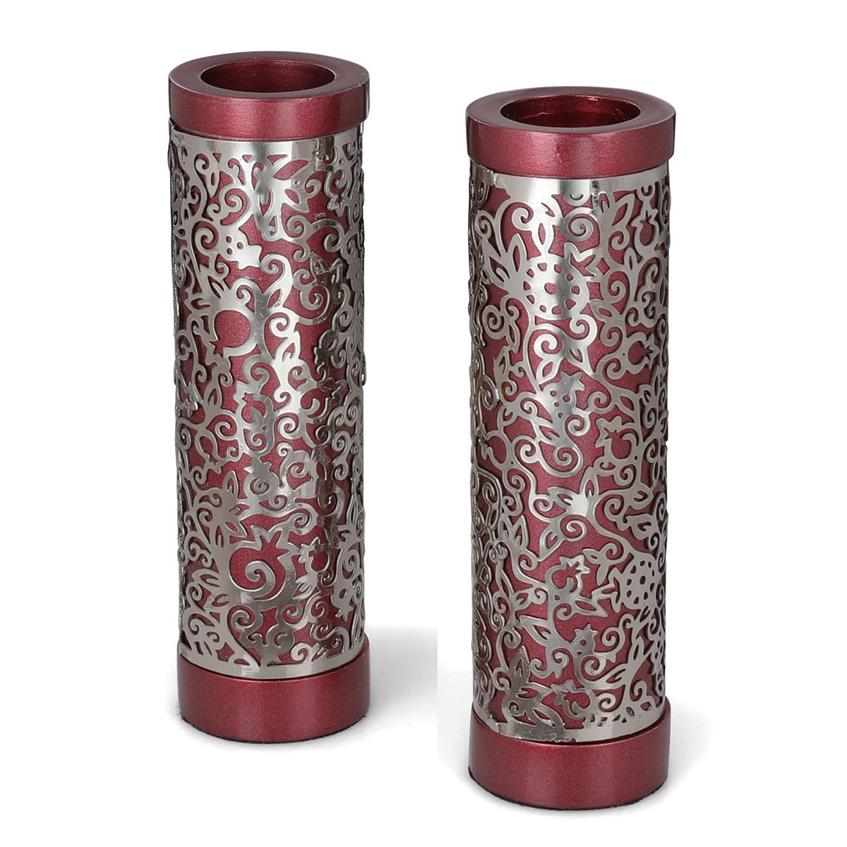 Yair Emanuel Floral Pomegranate Candlesticks with Metal Cutout – Red - 1