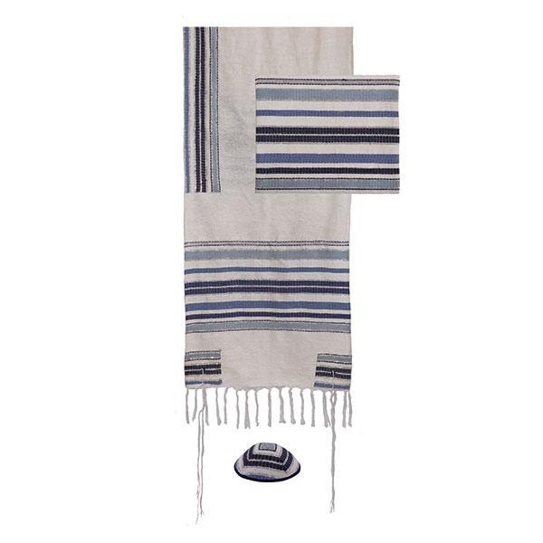 Yair Emanuel Blue Stripes Hand-Woven Tallit (Prayer Shawl) with Matching Bag & Kippah - 1
