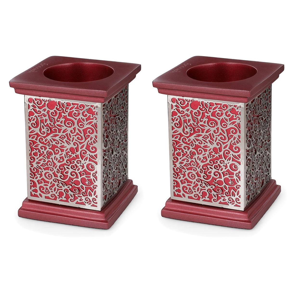 Yair Emanuel Anodized Aluminum Pomegranate Candlesticks with Laser-Cut Metal – Red - 1