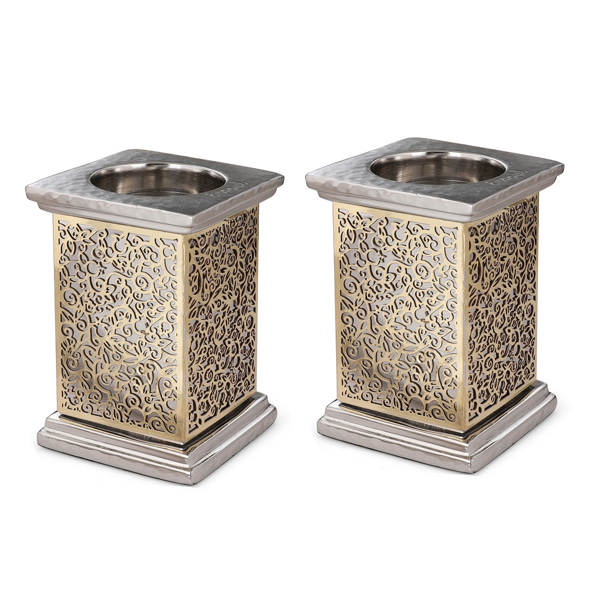 Yair Emanuel Pomegranate Candlesticks with Laser-Cut Metal – Silver & Gold - 1