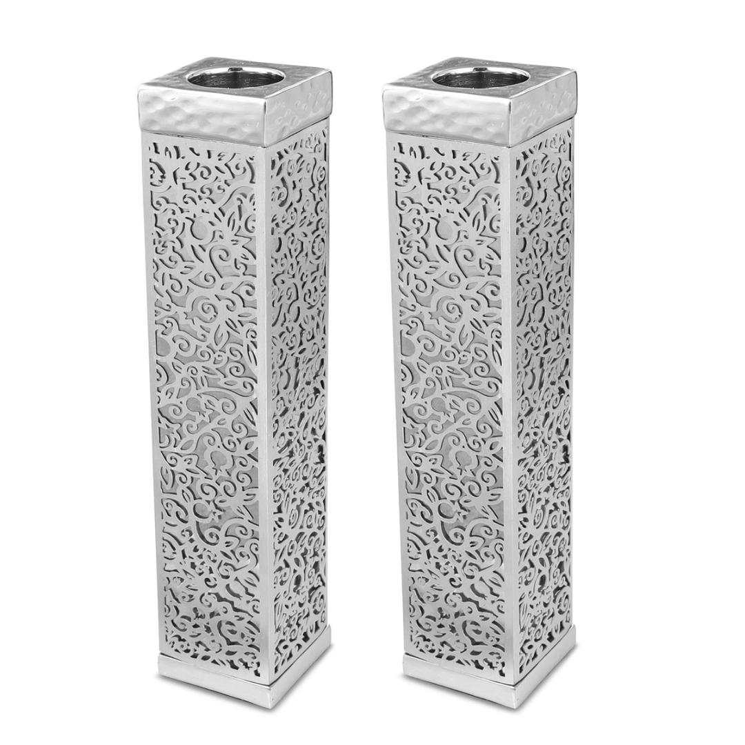 Yair Emanuel Tall Square Aluminum & Copper Candlesticks – Silver - 1