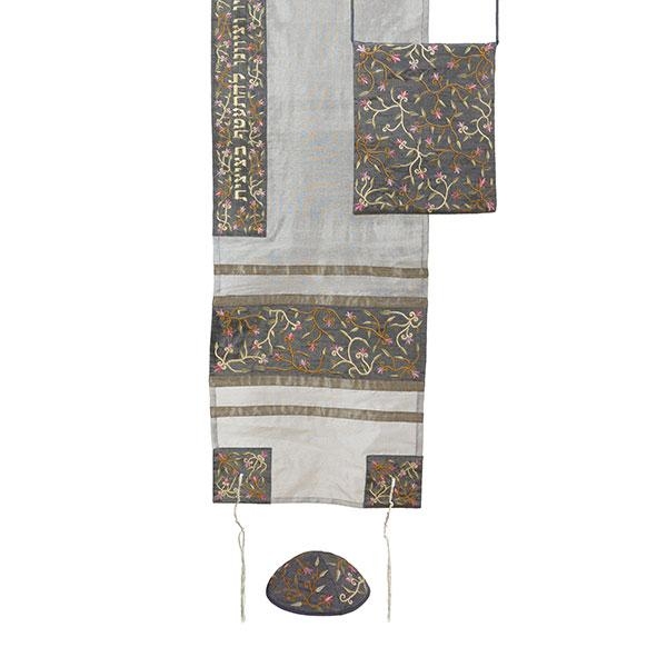 Yair Emanuel 'Tallisack' Grey Embroidered Floral Tallit with Matching Bag & Kippah - 1