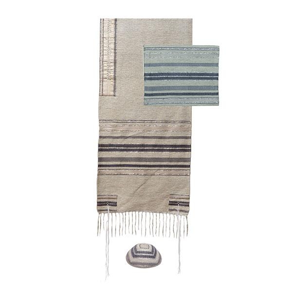 Yair Emanuel Designer Hand-Woven Gray Stripes Tallit (Prayer Shawl) Set - 1