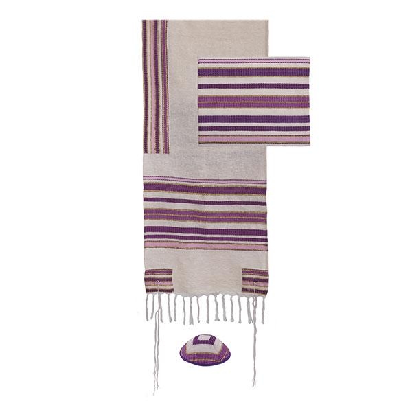 Yair Emanuel Purple Stripes Hand-Woven Tallit (Prayer Shawl) with Matching Bag & Kippah - 1