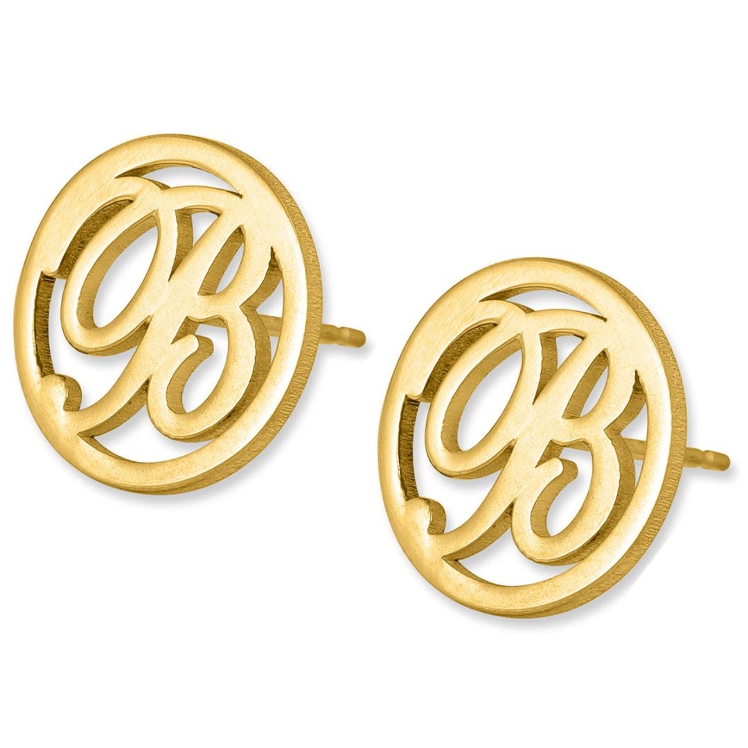 24K Yellow Gold Plated Silver Circular Initial Earrings  - 1