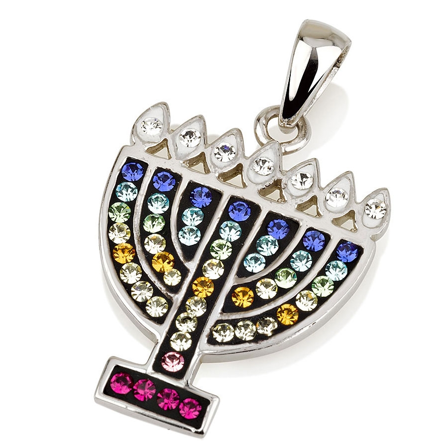 925 Sterling Silver Menorah Pendant with Blue & White Crystal Stones - 1